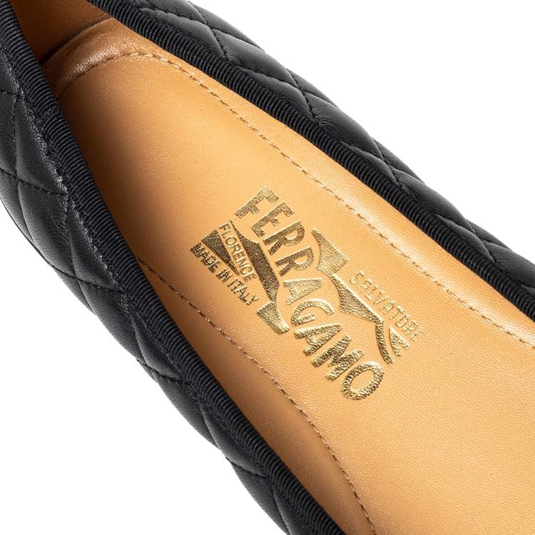 Pre Owned Salvatore Ferragamo Black Leather Vara Bow Ballet Flats Size 38