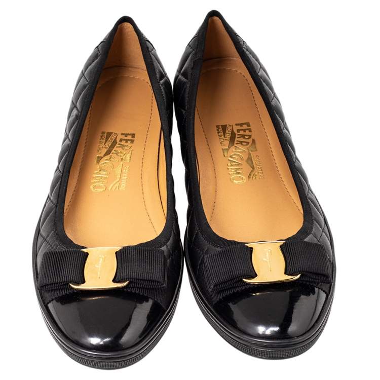 Pre Owned Salvatore Ferragamo Black Leather Vara Bow Ballet Flats Size 38