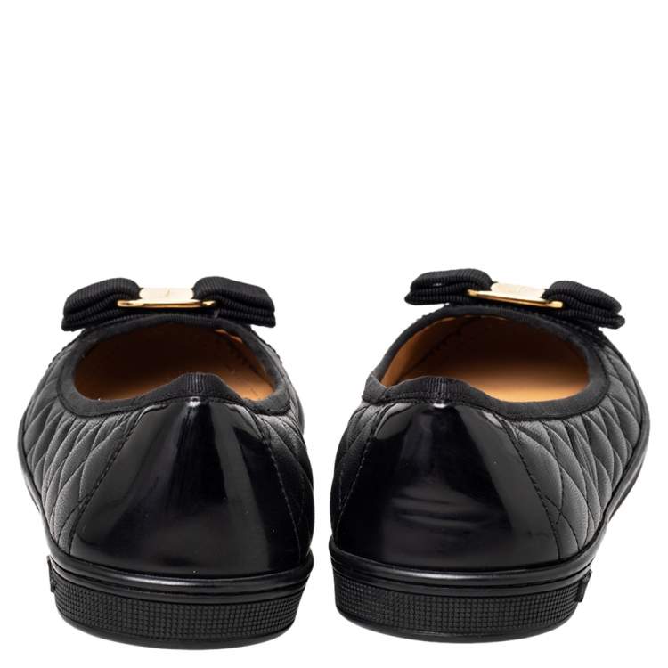 Pre Owned Salvatore Ferragamo Black Leather Vara Bow Ballet Flats Size 38