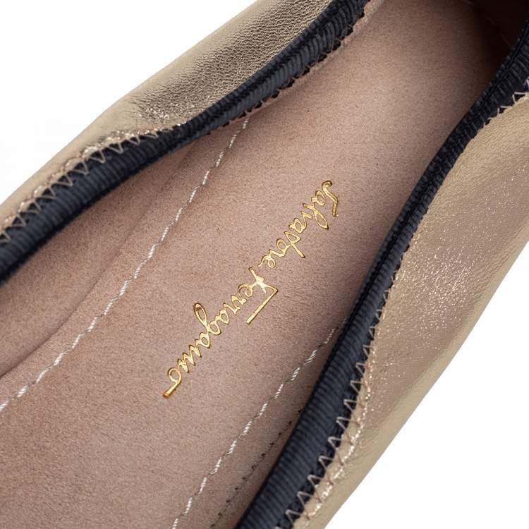 Pre Owned Salvatore Ferragamo Gold Leather My Joy Ballet Flats Size 40