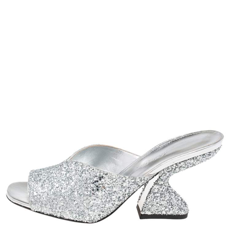 Salvatore Ferragamo Silver Glitter F Heel Slide Sandals Size 39 Salvatore Ferragamo TLC