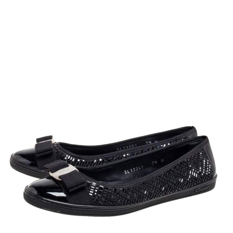 Pre Owned Salvatore Ferragamo Black Crystal Embellished Fabric and Patent Leather Vara Bow Ballet Flats Size 38