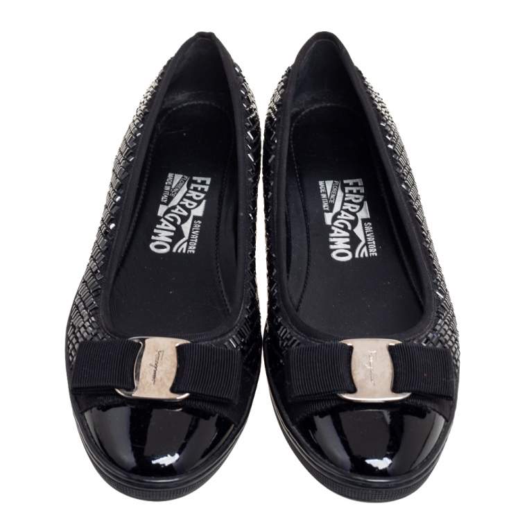 Pre Owned Salvatore Ferragamo Black Crystal Embellished Fabric and Patent Leather Vara Bow Ballet Flats Size 38