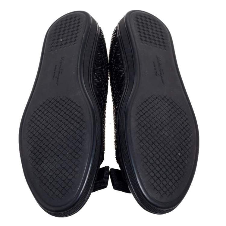 Pre Owned Salvatore Ferragamo Black Crystal Embellished Fabric and Patent Leather Vara Bow Ballet Flats Size 38