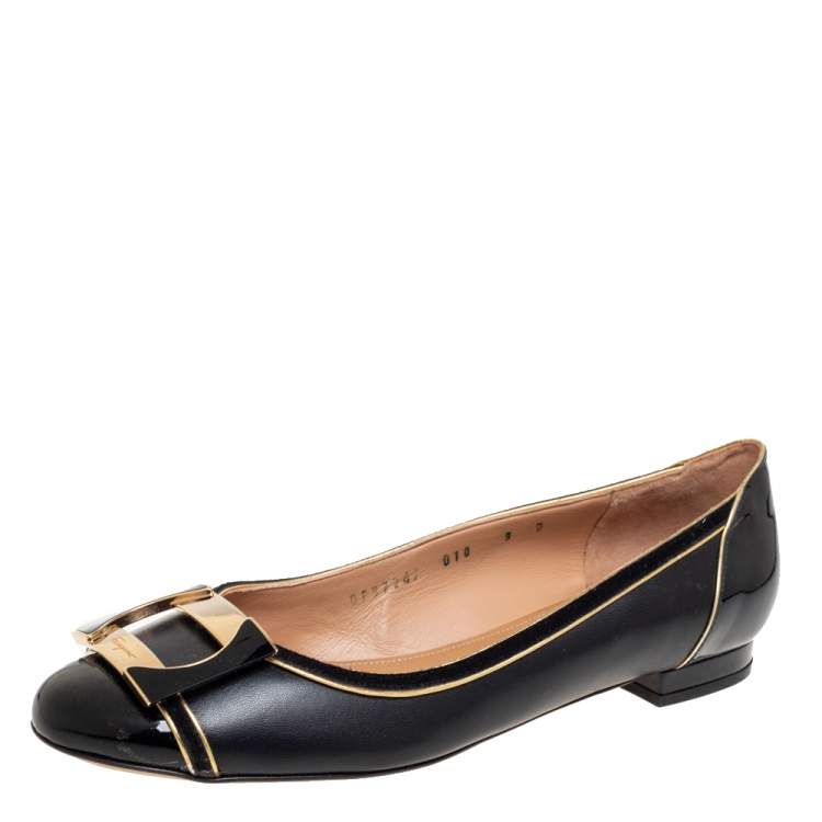 Pre Owned Salvatore Ferragamo Black Patent and Leather Missy Ballet Flats Size 39.5