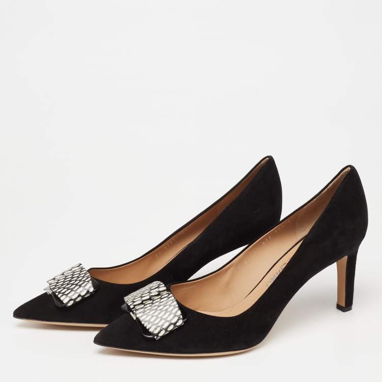 Salvatore Ferragamo Black Suede Python Embossed Leather Vara
