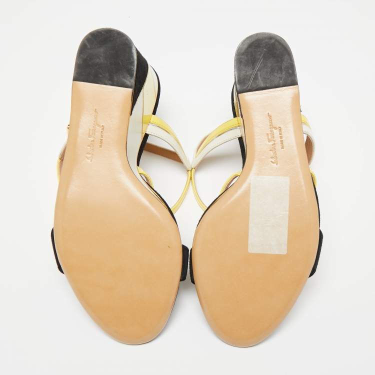 Pre Owned Salvatore Ferragamo Tricolor Suede And Leather Criss Cross Strap Wedge Sandals Size 38