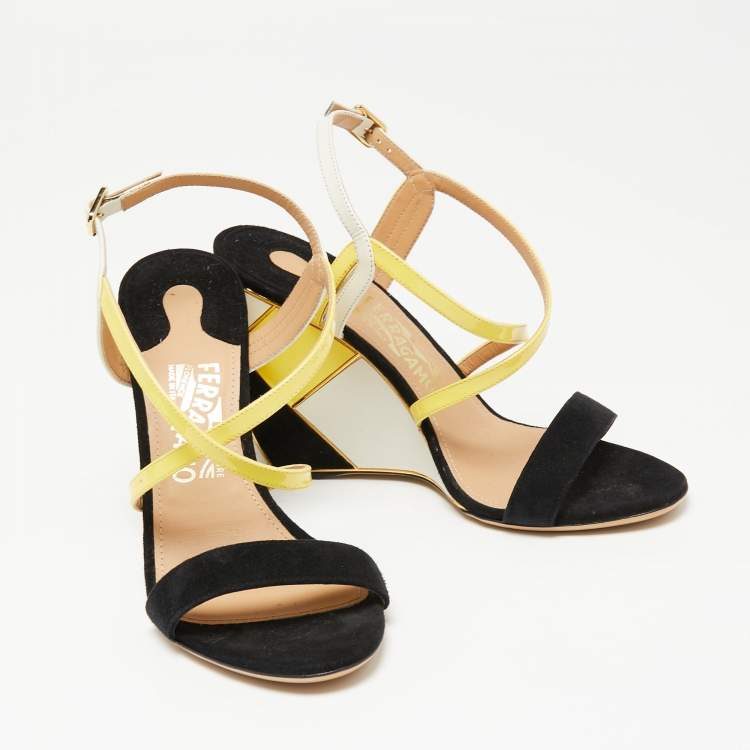 Pre Owned Salvatore Ferragamo Tricolor Suede And Leather Criss Cross Strap Wedge Sandals Size 38