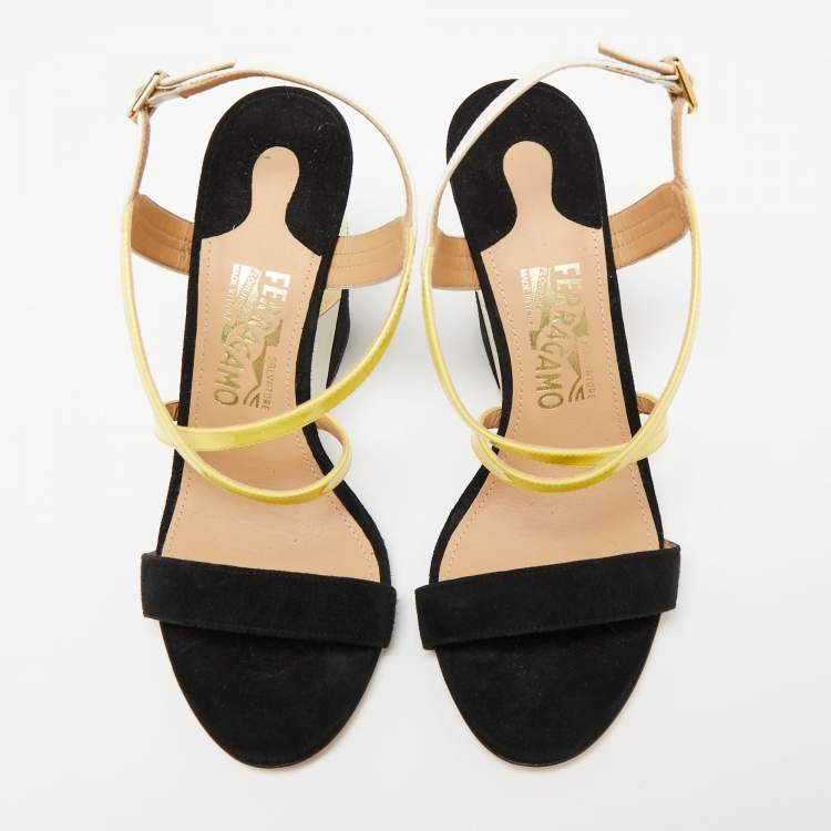 Pre Owned Salvatore Ferragamo Tricolor Suede And Leather Criss Cross Strap Wedge Sandals Size 38