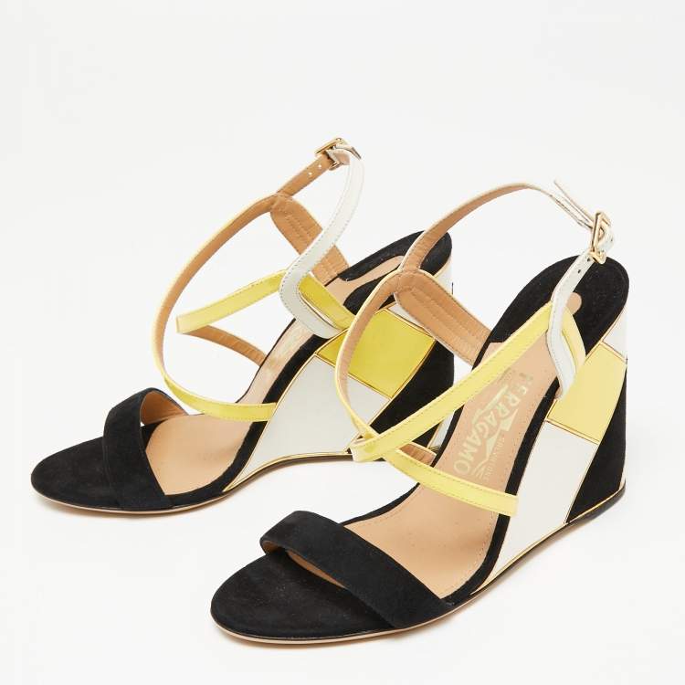 Pre Owned Salvatore Ferragamo Tricolor Suede And Leather Criss Cross Strap Wedge Sandals Size 38