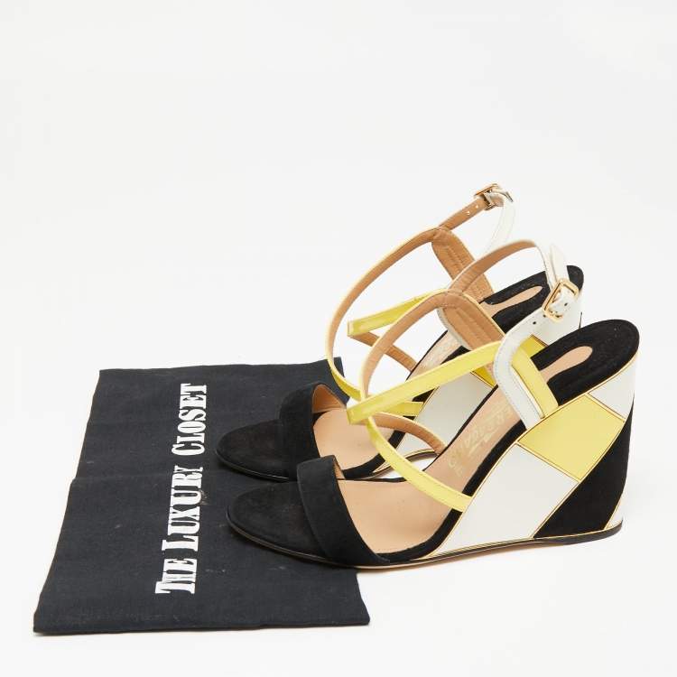Pre Owned Salvatore Ferragamo Tricolor Suede And Leather Criss Cross Strap Wedge Sandals Size 38