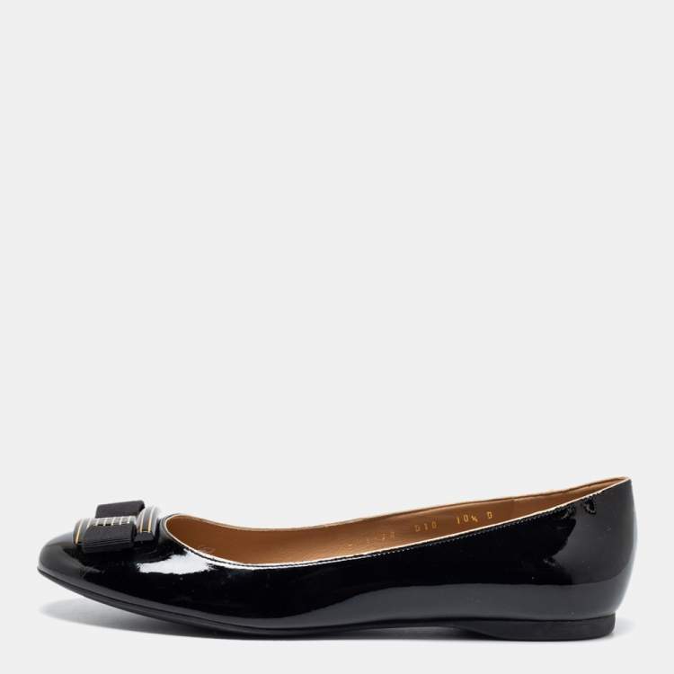 Pre Owned Salvatore Ferragamo Black Patent Leather Bow Ballet Flats Size 41