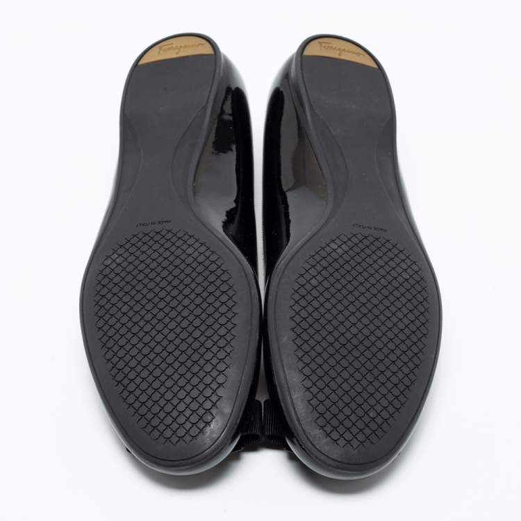 Pre Owned Salvatore Ferragamo Black Patent Leather Bow Ballet Flats Size 41