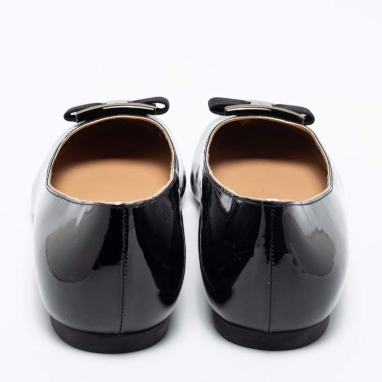 Pre Owned Salvatore Ferragamo Black Patent Leather Bow Ballet Flats Size 41
