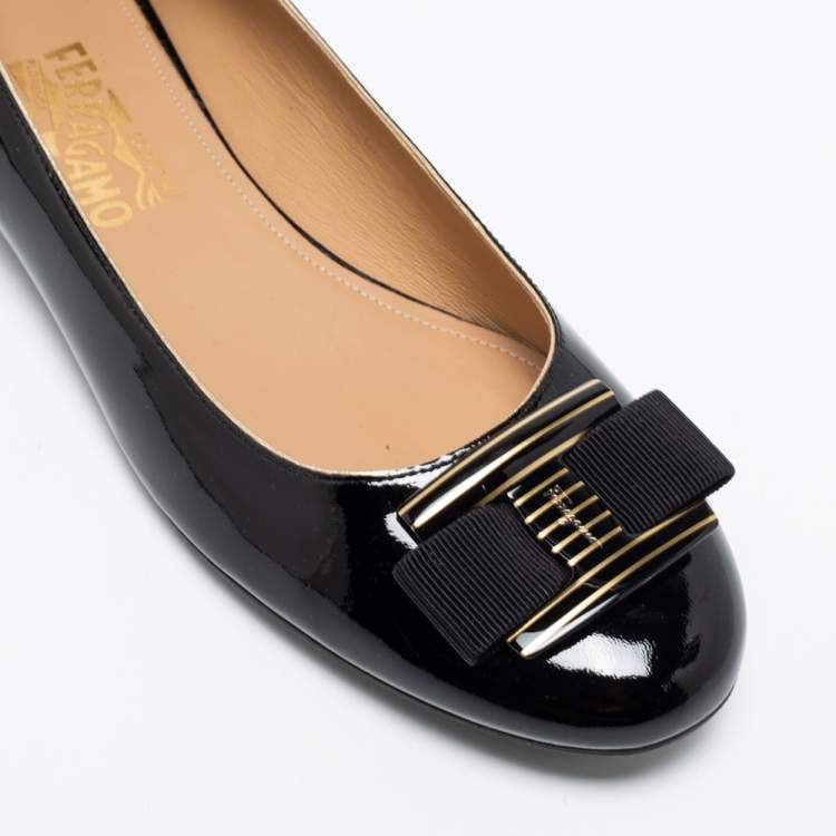 Pre Owned Salvatore Ferragamo Black Patent Leather Bow Ballet Flats Size 41