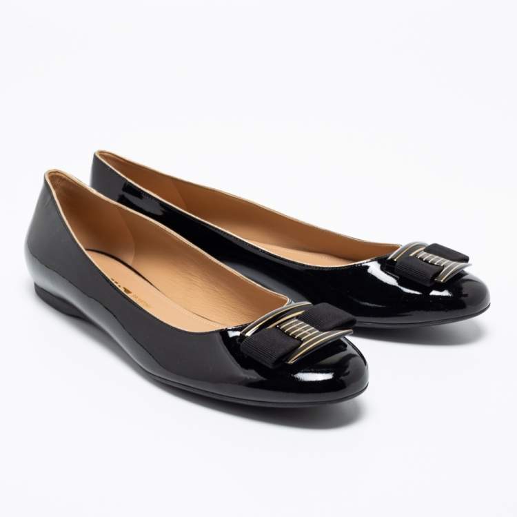 Pre Owned Salvatore Ferragamo Black Patent Leather Bow Ballet Flats Size 41