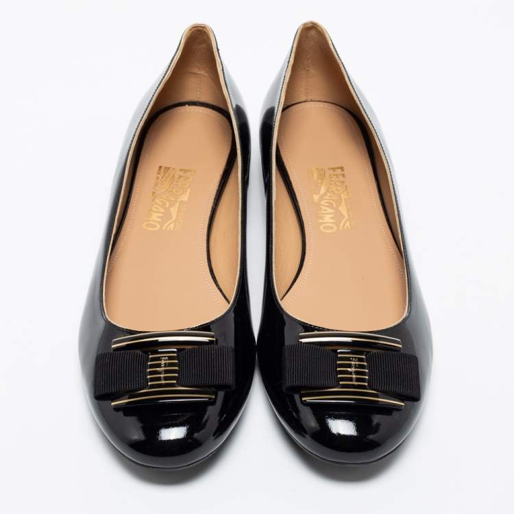 Pre Owned Salvatore Ferragamo Black Patent Leather Bow Ballet Flats Size 41
