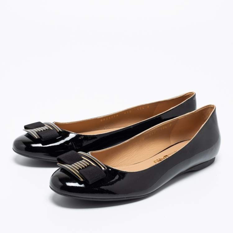 Pre Owned Salvatore Ferragamo Black Patent Leather Bow Ballet Flats Size 41