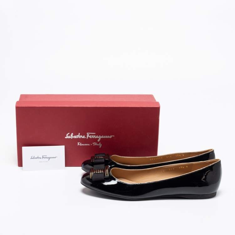 Pre Owned Salvatore Ferragamo Black Patent Leather Bow Ballet Flats Size 41