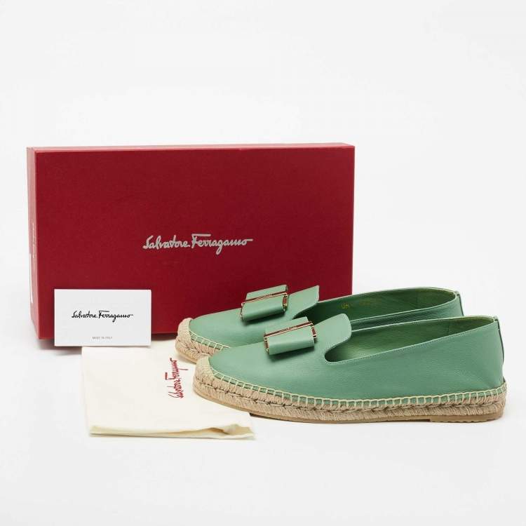 Pre Owned Salvatore Ferragamo Green Leather Sannio Espadrille Flats Size 40