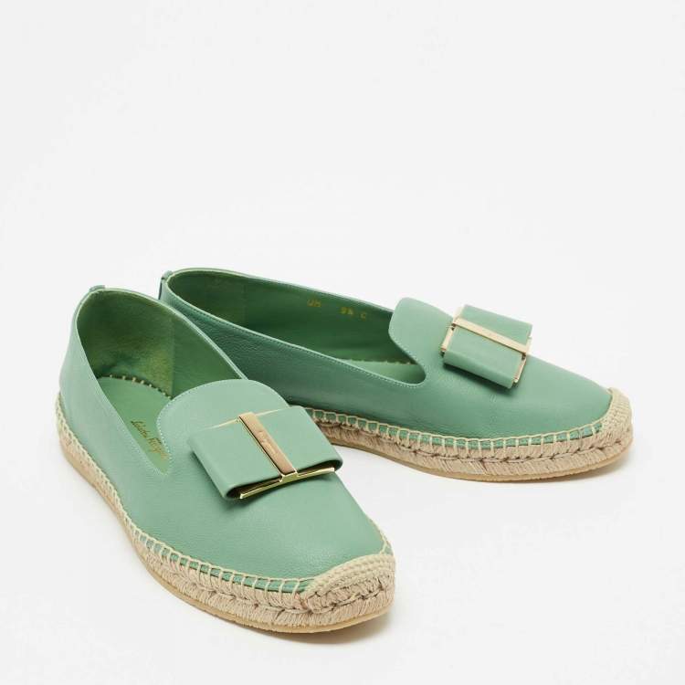 Pre Owned Salvatore Ferragamo Green Leather Sannio Espadrille Flats Size 40