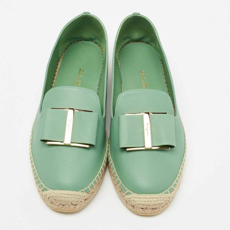 Pre Owned Salvatore Ferragamo Green Leather Sannio Espadrille Flats Size 40