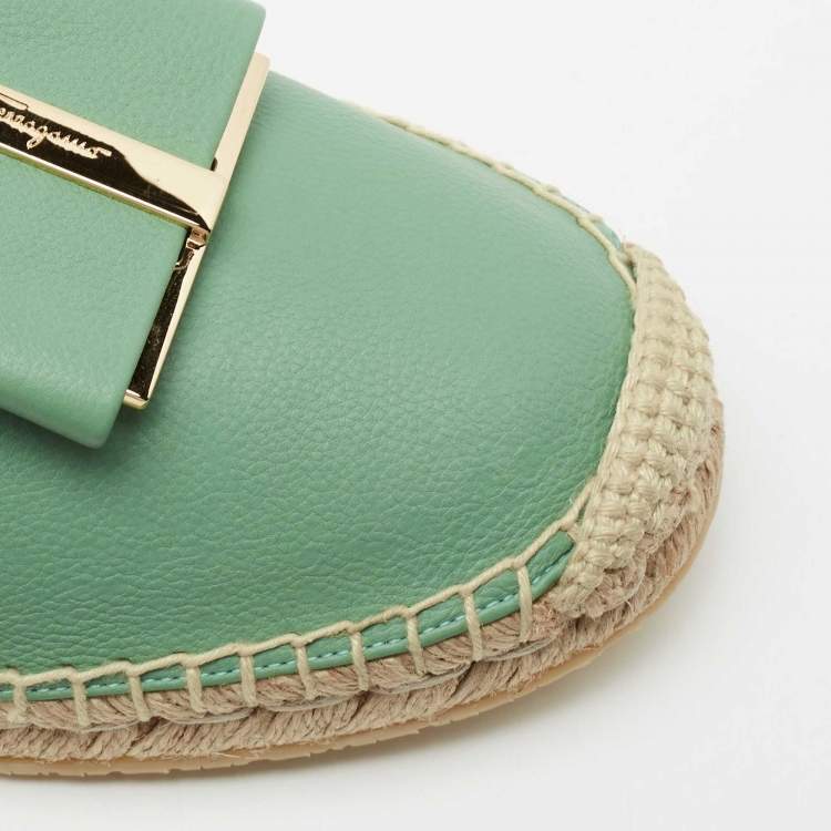 Pre Owned Salvatore Ferragamo Green Leather Sannio Espadrille Flats Size 40