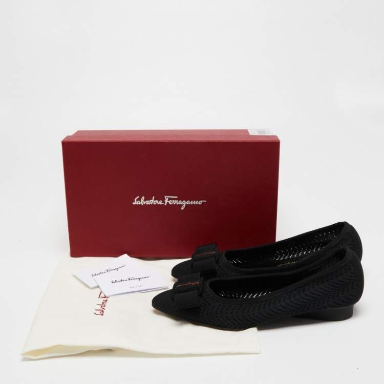 Pre Owned Salvatore Ferragamo Black Knit Fabric Viva Knit Ballet Flats Size 38.5