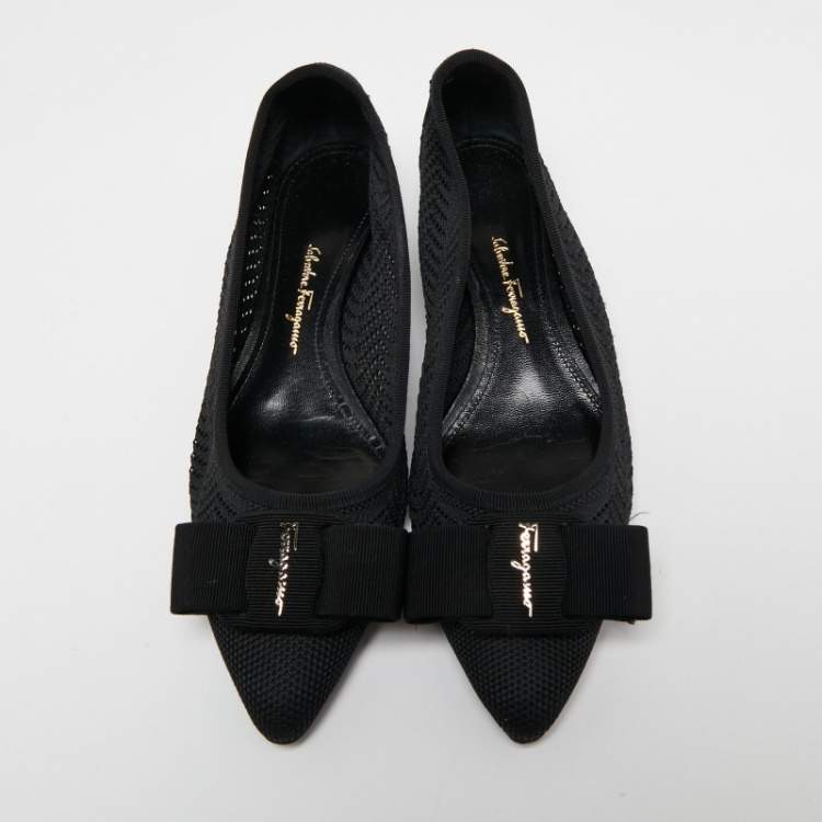 Pre Owned Salvatore Ferragamo Black Knit Fabric Viva Knit Ballet Flats Size 38.5