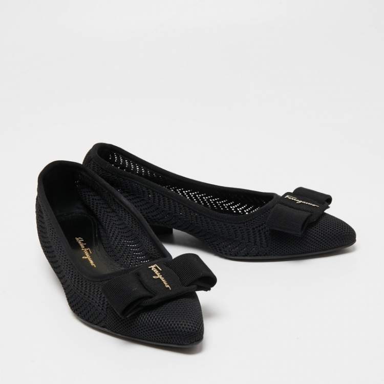 Pre Owned Salvatore Ferragamo Black Knit Fabric Viva Knit Ballet Flats Size 38.5