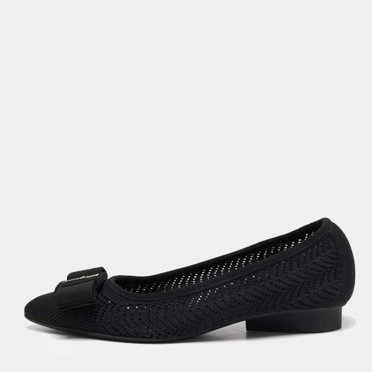 Pre Owned Salvatore Ferragamo Black Knit Fabric Viva Knit Ballet Flats Size 38.5