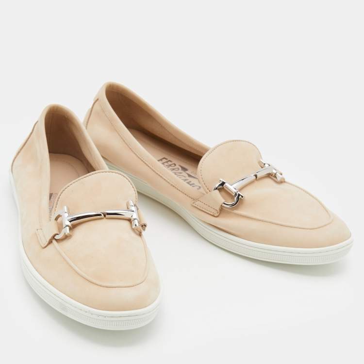Pre Owned Salvatore Ferragamo Beige Suede Horsebit Slip On Size 38