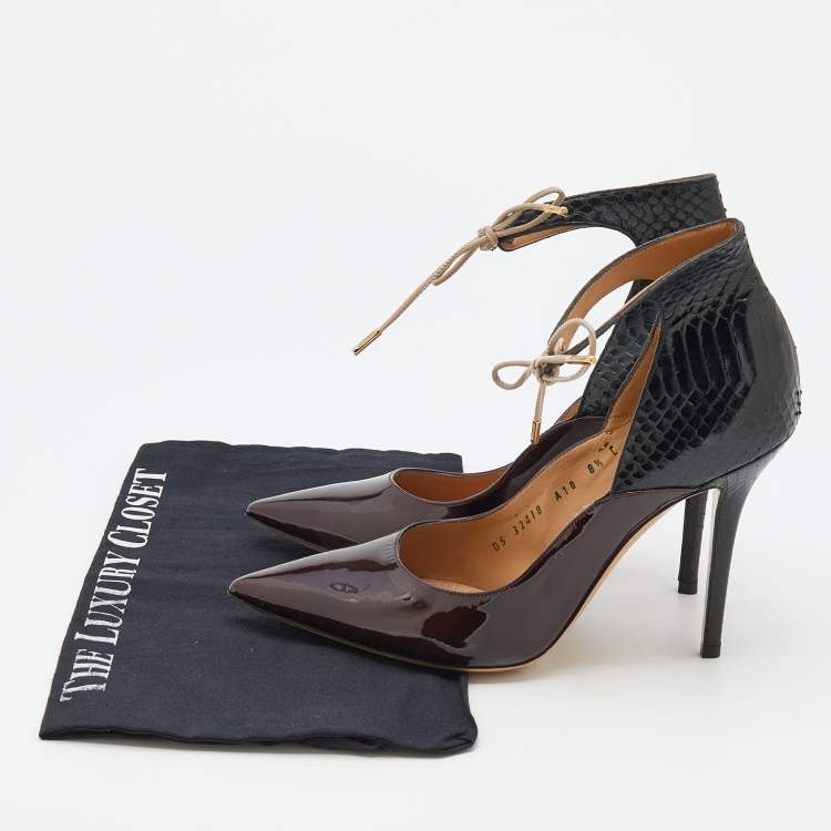 Pre Owned Salvatore Ferragamo Black/Burgundy Patent Leather and Snakeskin Lace Up Pumps Size 39