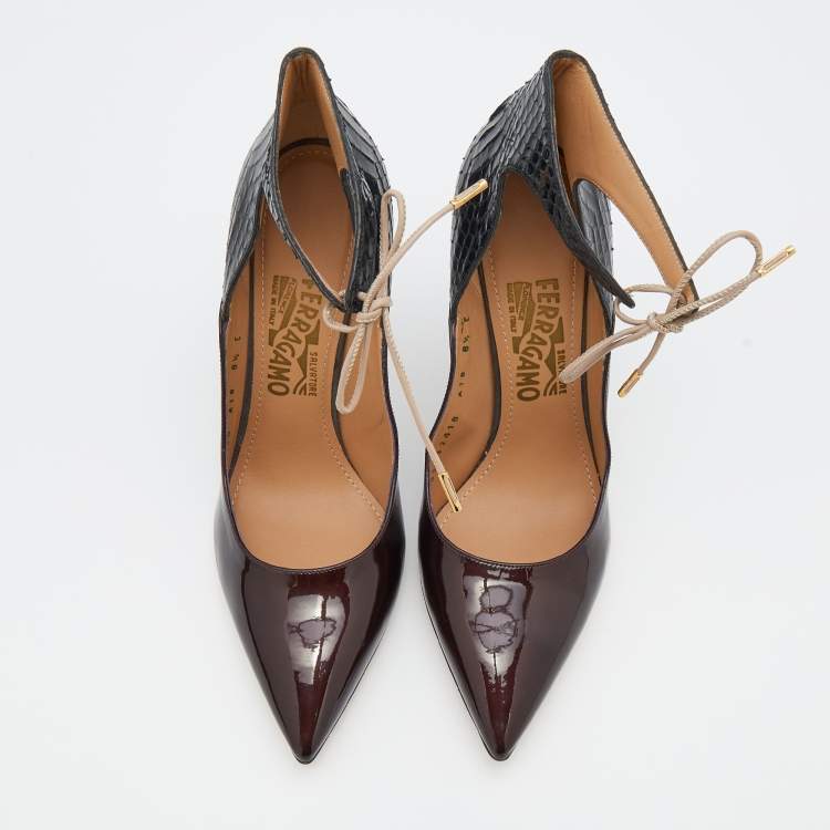 Pre Owned Salvatore Ferragamo Black/Burgundy Patent Leather and Snakeskin Lace Up Pumps Size 39