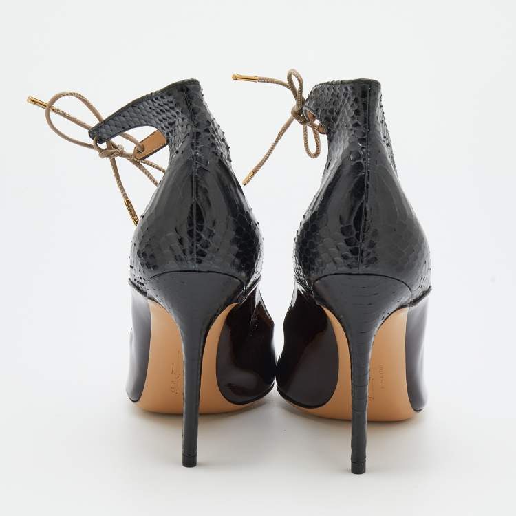 Pre Owned Salvatore Ferragamo Black/Burgundy Patent Leather and Snakeskin Lace Up Pumps Size 39