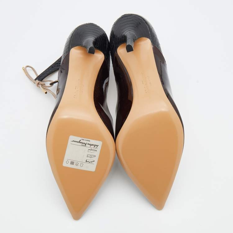 Pre Owned Salvatore Ferragamo Black/Burgundy Patent Leather and Snakeskin Lace Up Pumps Size 39