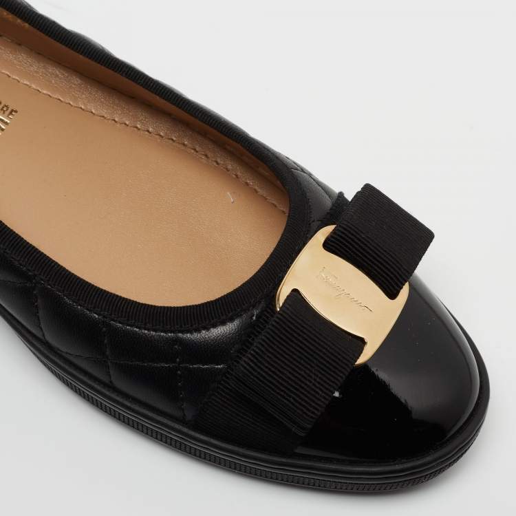 Pre Owned Salvatore Ferragamo Black Leather Cap Toe Vara Bow Ballet Flats Size 38