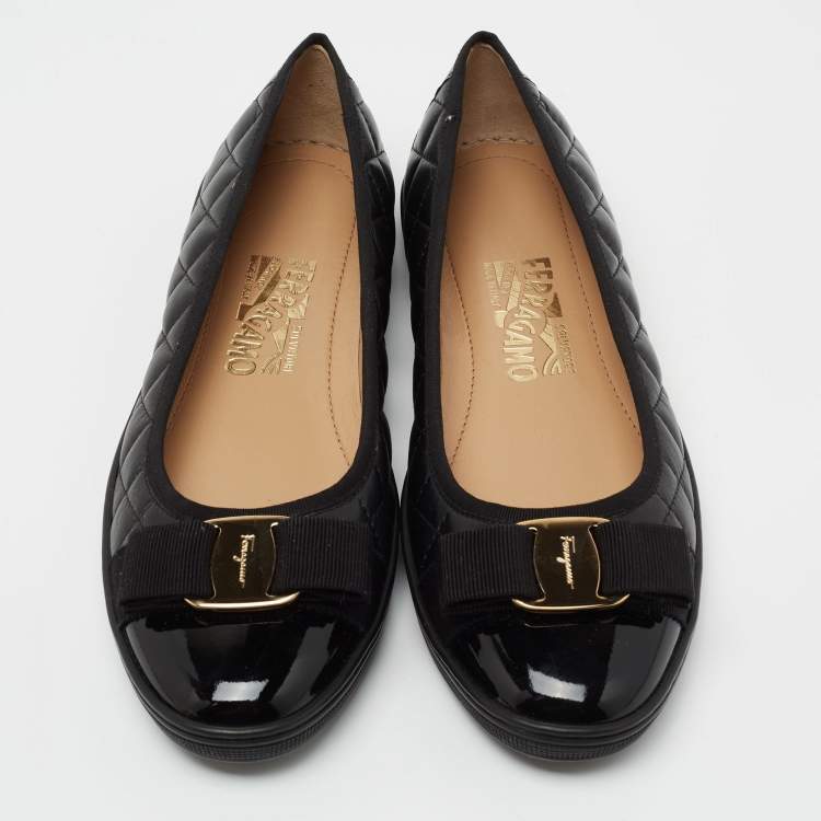 Pre Owned Salvatore Ferragamo Black Leather Cap Toe Vara Bow Ballet Flats Size 38