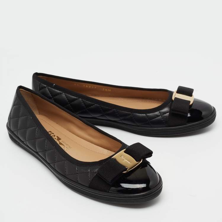 Pre Owned Salvatore Ferragamo Black Leather Cap Toe Vara Bow Ballet Flats Size 38