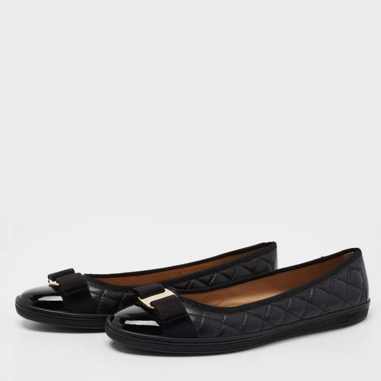 Pre Owned Salvatore Ferragamo Black Leather Cap Toe Vara Bow Ballet Flats Size 38