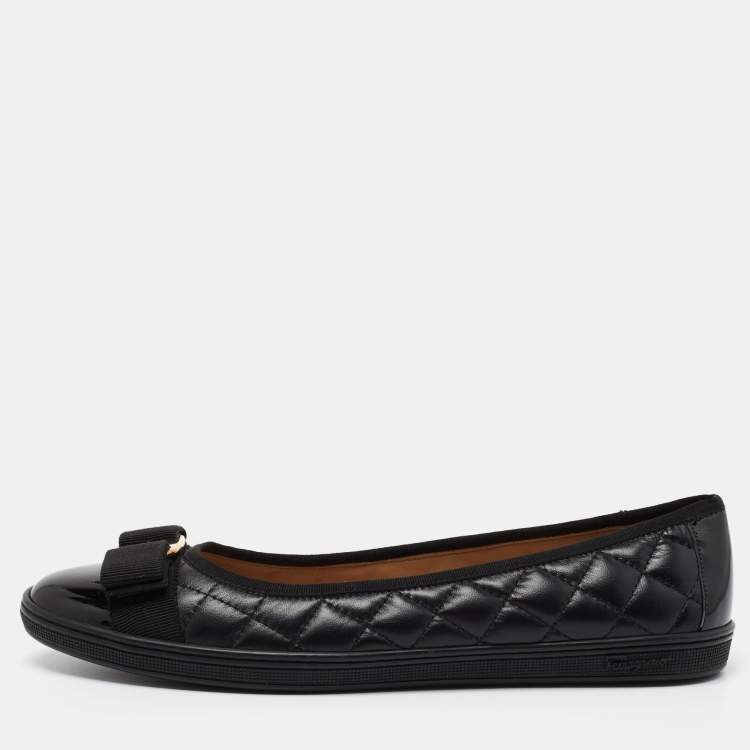 Pre Owned Salvatore Ferragamo Black Leather Cap Toe Vara Bow Ballet Flats Size 38