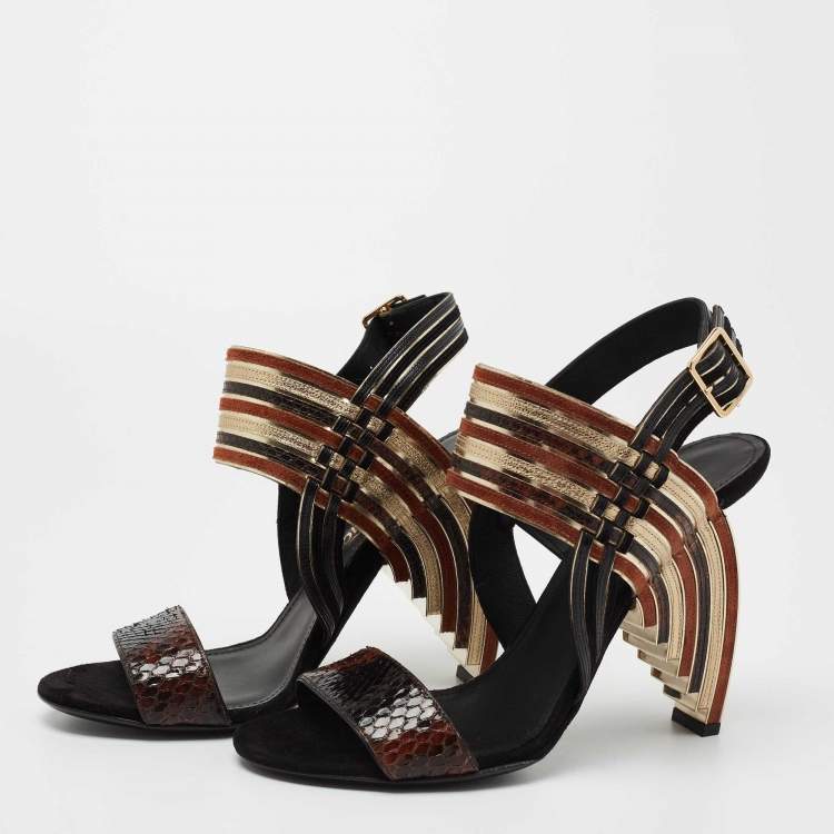 Pre Owned Salvatore Ferragamo Multicolor Striped Python and Suede Lenny Geometric Sandals Size 38.5