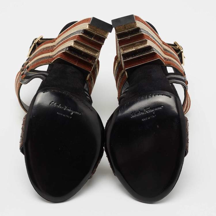 Pre Owned Salvatore Ferragamo Multicolor Striped Python and Suede Lenny Geometric Sandals Size 38.5