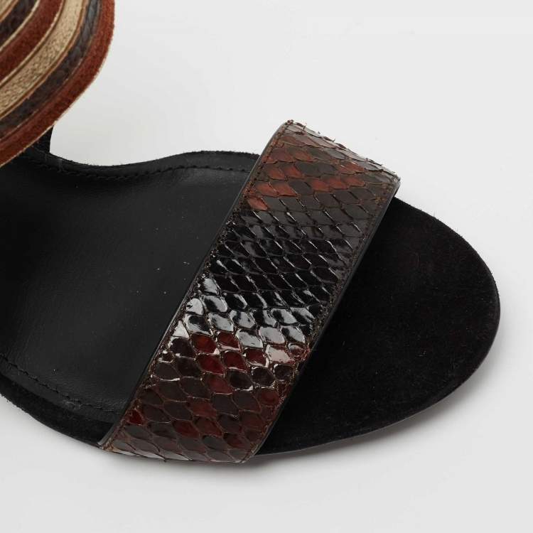 Pre Owned Salvatore Ferragamo Multicolor Striped Python and Suede Lenny Geometric Sandals Size 38.5