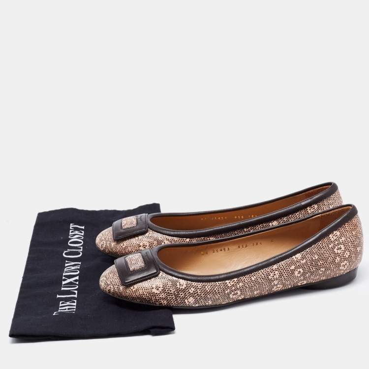 Pre Owned Salvatore Ferragamo Brown/Pink Printed Textured Leather Ballet Flats Size 41
