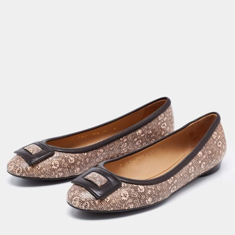 Pre Owned Salvatore Ferragamo Brown/Pink Printed Textured Leather Ballet Flats Size 41
