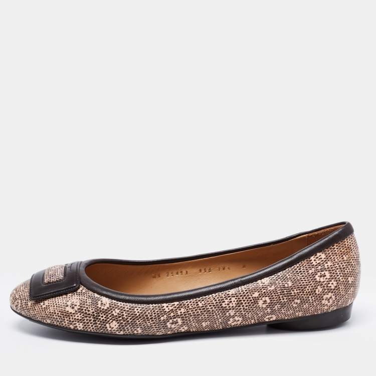 Pre Owned Salvatore Ferragamo Brown/Pink Printed Textured Leather Ballet Flats Size 41