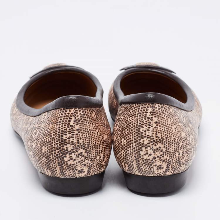 Pre Owned Salvatore Ferragamo Brown/Pink Printed Textured Leather Ballet Flats Size 41