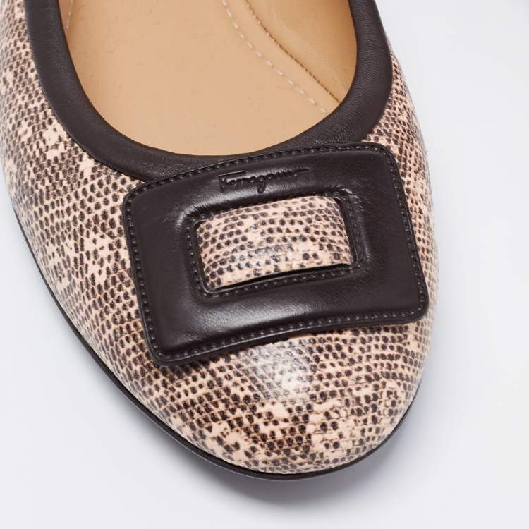 Pre Owned Salvatore Ferragamo Brown/Pink Printed Textured Leather Ballet Flats Size 41