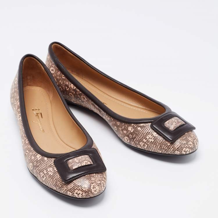 Pre Owned Salvatore Ferragamo Brown/Pink Printed Textured Leather Ballet Flats Size 41